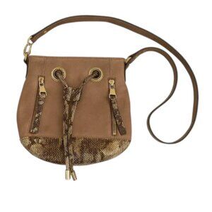B. Makowsky Tan Leather Crossbody Bag with Snake Skin and Gold Accents - GUC